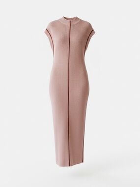 Pink Knit Midi Dress with Contrast Trim